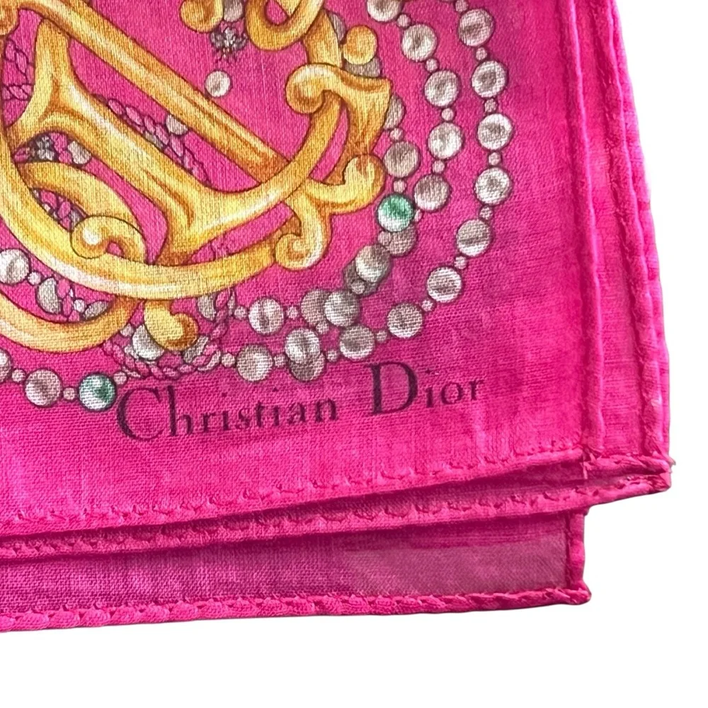 VTG Christian Dior Pink Gold Monogram Logo Pearl Pocket Square Twilly Bag Scarf